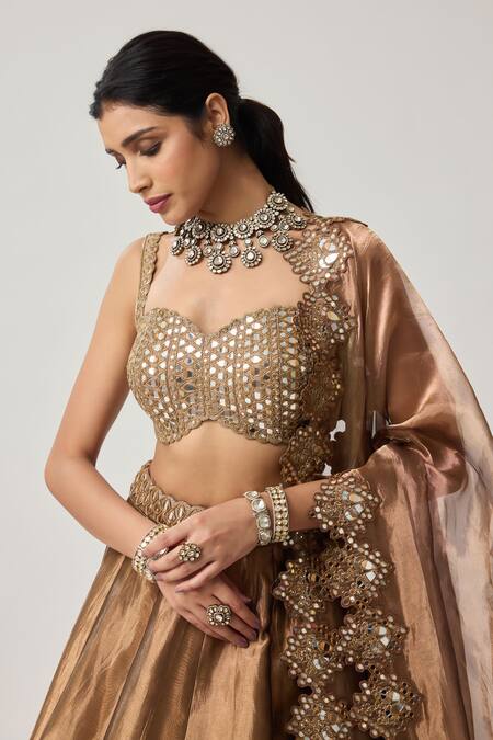 Vvani By Vani Vats_Brown Organza Mirrors, Sequins Sweetheart Copper Tissue Geometry Lehenga Set _at_Aza_Fashions