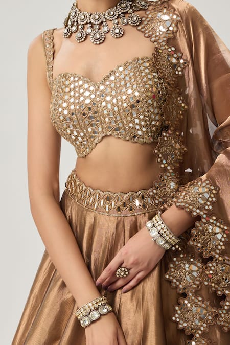 Buy_Vvani By Vani Vats_Brown Organza Mirrors, Sequins Sweetheart Copper Tissue Geometry Lehenga Set 