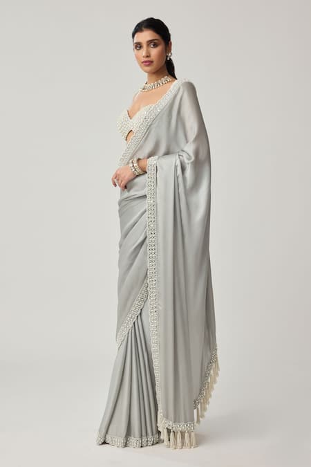 Vvani By Vani Vats_Gray Satin, Chiffon, Georgette Mirrors, Pearls, Embroidery Saree With Blouse _Online_at_Aza_Fashions