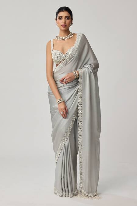 Shop_Vvani By Vani Vats_Gray Satin, Chiffon, Georgette Mirrors, Pearls, Embroidery Saree With Blouse _Online_at_Aza_Fashions