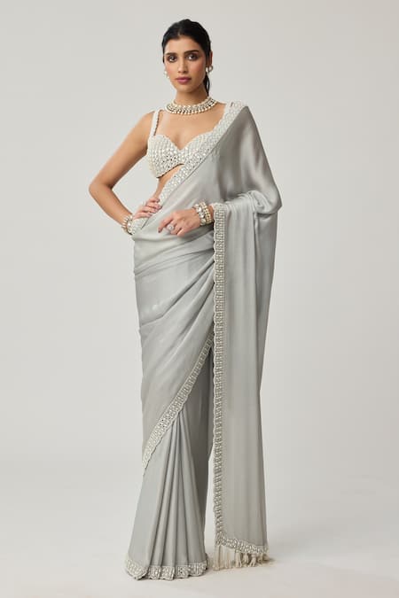 Vvani By Vani Vats_Gray Satin, Chiffon, Georgette Mirrors, Pearls, Embroidery Saree With Blouse _at_Aza_Fashions