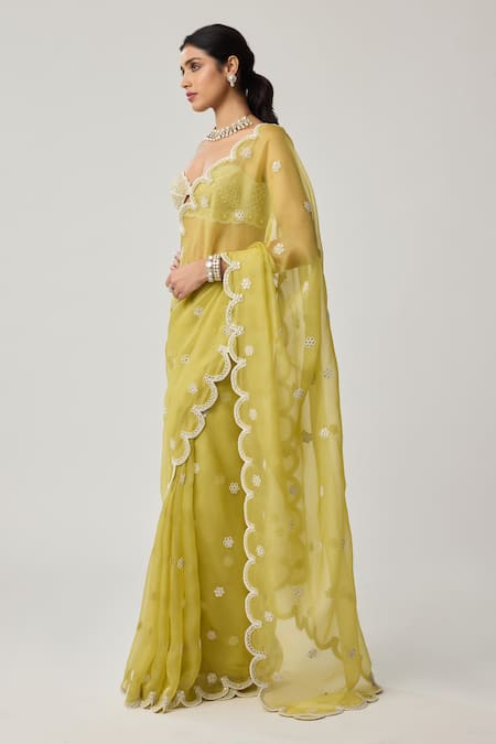 Vvani By Vani Vats_Green Organza, Georgette Mirrors, Pearls, Embroidery Saree With Blouse _Online_at_Aza_Fashions