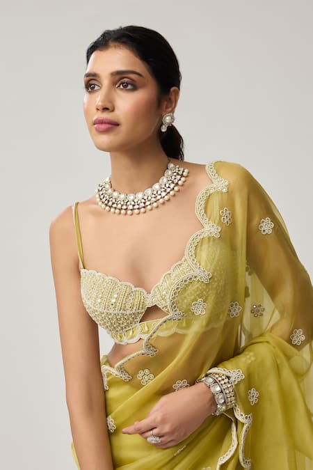 Buy_Vvani By Vani Vats_Green Organza, Georgette Mirrors, Pearls, Embroidery Saree With Blouse _Online_at_Aza_Fashions