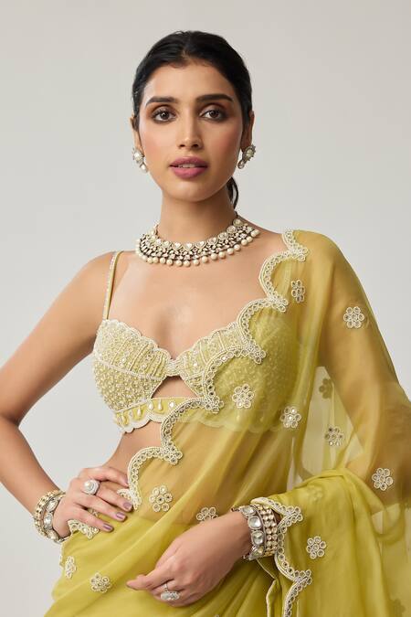 Shop_Vvani By Vani Vats_Green Organza, Georgette Mirrors, Pearls, Embroidery Saree With Blouse _Online_at_Aza_Fashions