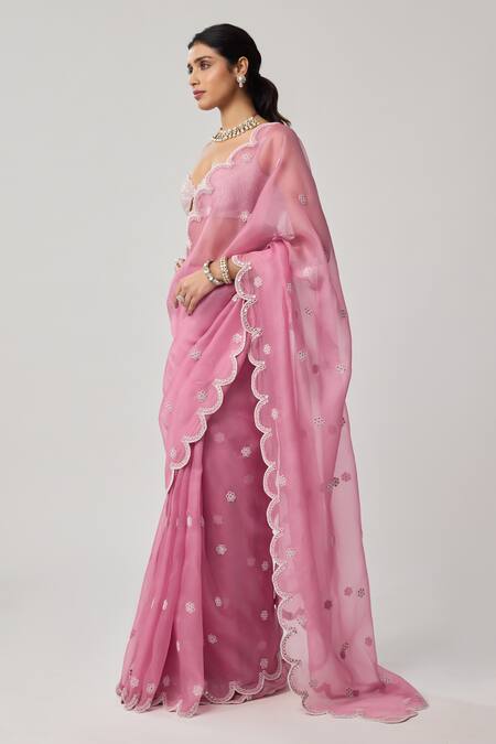 Vvani By Vani Vats_Pink Organza, Georgette Mirrors, Pearls, Embroidery Sweetheart Saree With Blouse _Online_at_Aza_Fashions