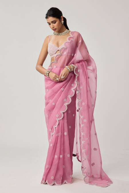 Buy_Vvani By Vani Vats_Pink Organza, Georgette Mirrors, Pearls, Embroidery Sweetheart Saree With Blouse _Online_at_Aza_Fashions