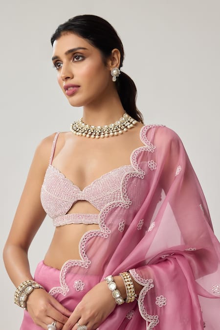 Shop_Vvani By Vani Vats_Pink Organza, Georgette Mirrors, Pearls, Embroidery Sweetheart Saree With Blouse _Online_at_Aza_Fashions
