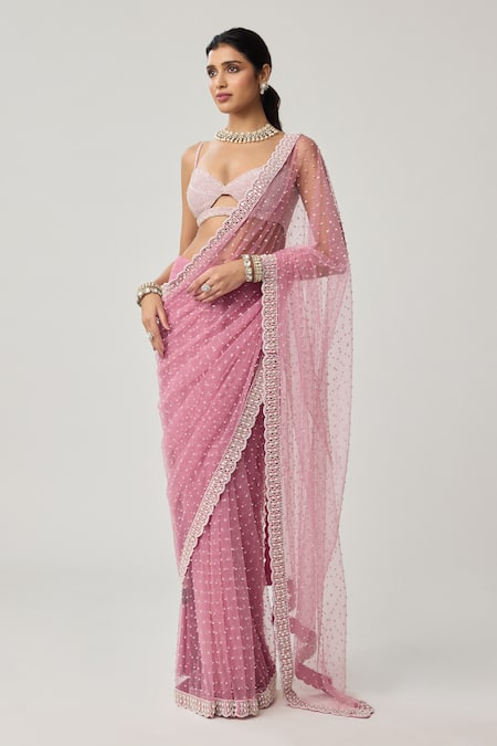 Vvani By Vani Vats_Pink Net, Georgette Pearls, Mirrors, Sequins, Scattered Saree With Blouse _Online_at_Aza_Fashions
