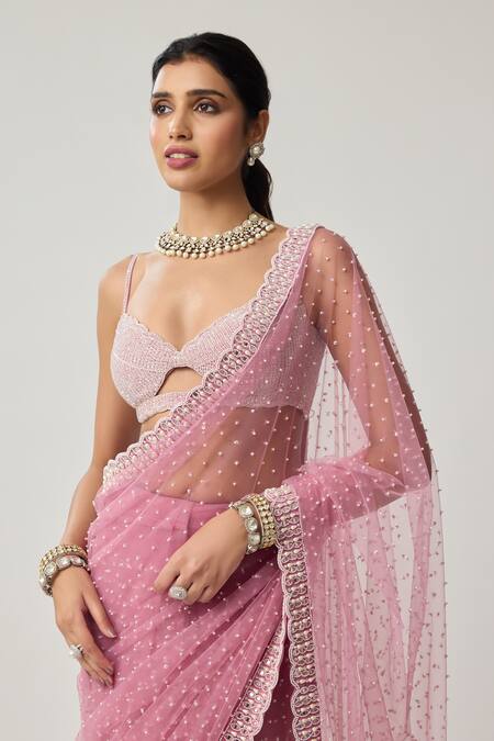 Shop_Vvani By Vani Vats_Pink Net, Georgette Pearls, Mirrors, Sequins, Scattered Saree With Blouse _Online_at_Aza_Fashions