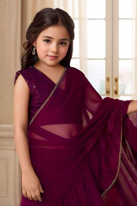 Petite Pomme_Wine Georgette Lace, Sequins Classic Ruffle Hem Pre-draped Saree With Blouse _at_Aza_Fashions