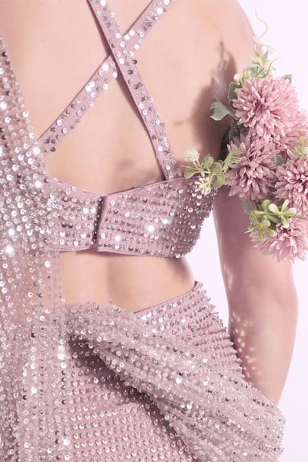 Amaltas Couture_Pink Net Beads, Sequins Sweetheart Neck Pre-draped Saree With Blouse _Online_at_Aza_Fashions