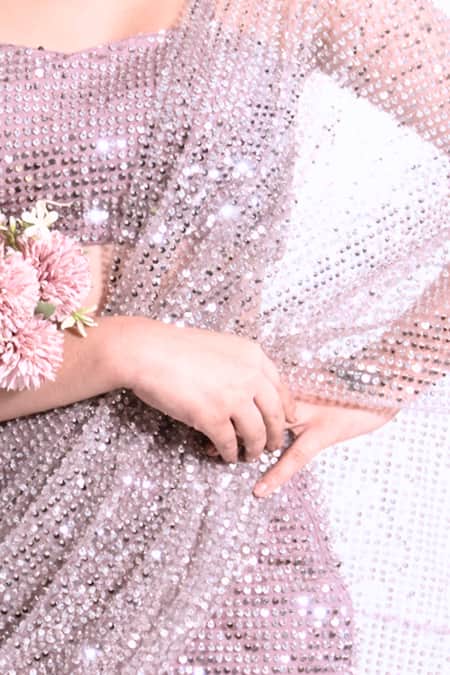 Shop_Amaltas Couture_Pink Net Beads, Sequins Sweetheart Neck Pre-draped Saree With Blouse _Online_at_Aza_Fashions