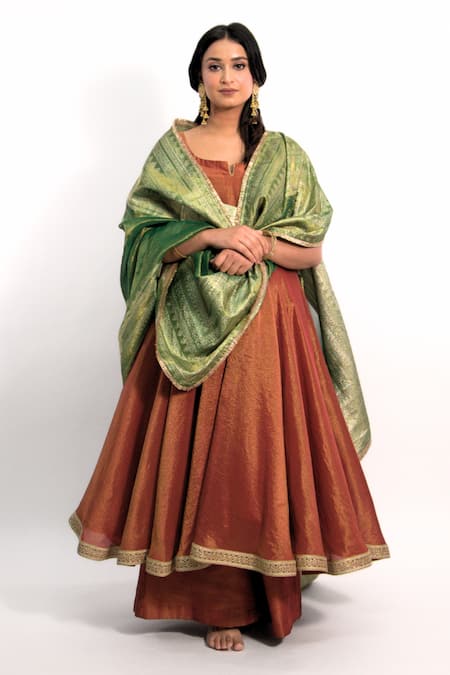Shop_Amaltas Couture_Rust Tissue Gota Patti, Zari Square Neck Work Anarkali Sharara Set _Online_at_Aza_Fashions