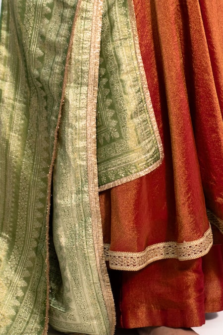 Amaltas Couture_Rust Tissue Gota Patti, Zari Square Neck Work Anarkali Sharara Set _at_Aza_Fashions