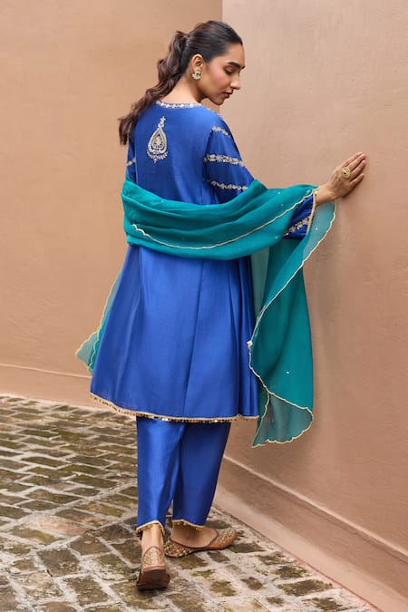 Shop Dohr India Blue Silk, Cotton, Chanderi Silk, Organza Embroidery, Sitarah Choga Kurta Set at Aza Fashions Shop_Dohr India_Blue Silk, Cotton, Chanderi Silk, Organza Embroidery, Sitarah Choga Kurta Set _at_Aza_Fashions