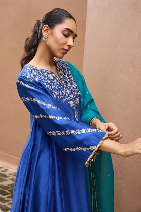 Dohr India Blue Silk, Cotton, Chanderi Silk, Organza Embroidery, Sitarah Choga Kurta Set Online at Aza Fashions Dohr India_Blue Silk, Cotton, Chanderi Silk, Organza Embroidery, Sitarah Choga Kurta Set _Online_at_Aza_Fashions