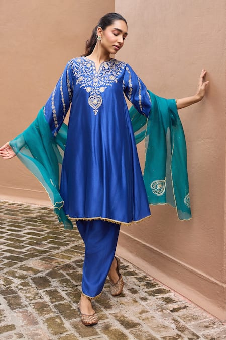 Dohr India Blue Silk, Cotton, Chanderi Silk, Organza Embroidery, Sitarah Choga Kurta Set