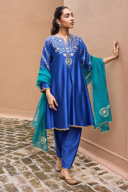 Buy Dohr India Blue Silk, Cotton, Chanderi Silk, Organza Embroidery, Sitarah Choga Kurta Set Online at Aza Fashions Buy_Dohr India_Blue Silk, Cotton, Chanderi Silk, Organza Embroidery, Sitarah Choga Kurta Set _Online_at_Aza_Fashions