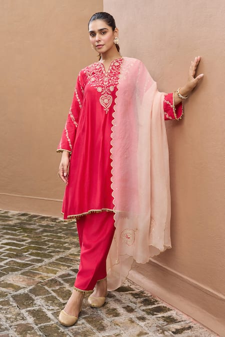 Dohr India Pink Chanderi Silk, Organza Zari, Sequins, Embroidery Sitarah Choga Kurta Set
