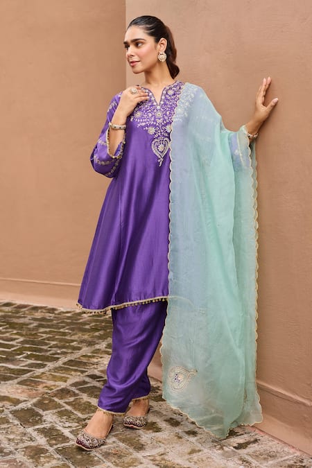 Dohr India Purple Chanderi Silk, Organza Zari, Sequins, Embroidery, Sitarah And Choga Set