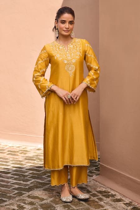 Dohr India_Mustard Cotton, Silk, Organza Embroidery, Sequins, Zeenat Kurta And Palazzo Set _Online_at_Aza_Fashions