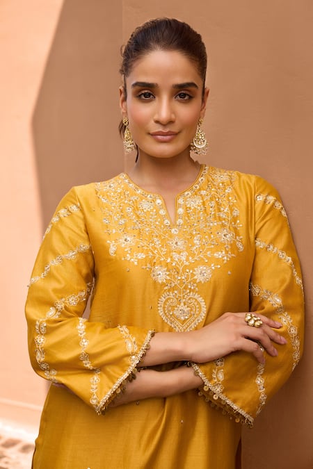 Buy_Dohr India_Mustard Cotton, Silk, Organza Embroidery, Sequins, Zeenat Kurta And Palazzo Set _Online_at_Aza_Fashions