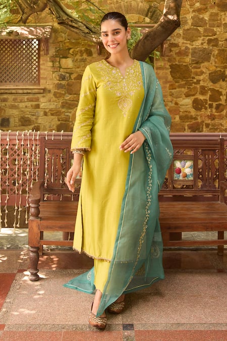 Dohr India Mustard Chanderi Silk, Organza Embroidery, Zeenat And Kurta Palazzo Set