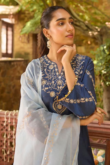 Dohr India_Blue Chanderi Silk, Organza Zari, Sequins, Zeenat And Kurta Palazzo Set _Online_at_Aza_Fashions