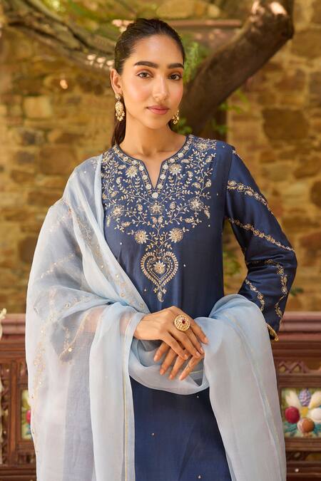 Buy_Dohr India_Blue Chanderi Silk, Organza Zari, Sequins, Zeenat And Kurta Palazzo Set _Online_at_Aza_Fashions