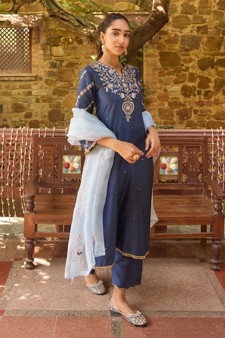 Shop_Dohr India_Blue Chanderi Silk, Organza Zari, Sequins, Zeenat And Kurta Palazzo Set _Online_at_Aza_Fashions