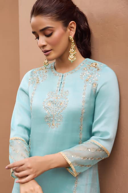 Dohr India_Sky Blue Tissue, Organza, Silk Embroidery, Sequins, Zari Round Nurah Kurta Set _Online_at_Aza_Fashions