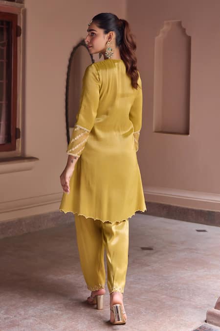 Shop Dohr India Mustard Tissue, Organza, Silk Embroidery, Zari, Nurah Aari Kurta And Salwar Set at Aza Fashions Shop_Dohr India_Mustard Tissue, Organza, Silk Embroidery, Zari, Nurah Aari Kurta And Salwar Set _at_Aza_Fashions