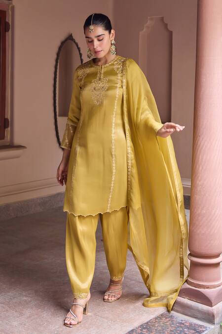 Buy Dohr India Mustard Tissue, Organza, Silk Embroidery, Zari, Nurah Aari Kurta And Salwar Set Online at Aza Fashions Buy_Dohr India_Mustard Tissue, Organza, Silk Embroidery, Zari, Nurah Aari Kurta And Salwar Set _Online_at_Aza_Fashions