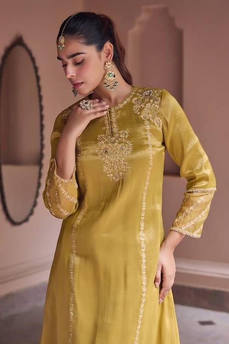 Shop Dohr India Mustard Tissue, Organza, Silk Embroidery, Zari, Nurah Aari Kurta And Salwar Set Online at Aza Fashions Shop_Dohr India_Mustard Tissue, Organza, Silk Embroidery, Zari, Nurah Aari Kurta And Salwar Set _Online_at_Aza_Fashions