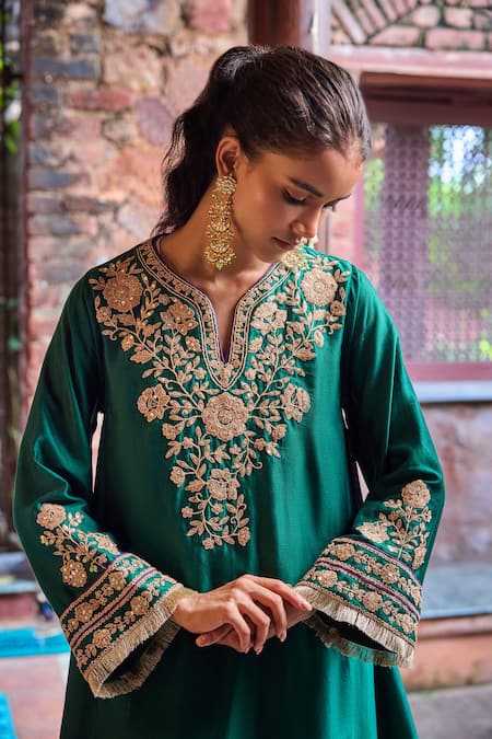 Dohr India_Emerald Green Chanderi , Satin, Organza, Kainat A-line Kurta Salwar Set _Online_at_Aza_Fashions