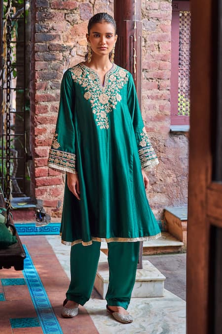 Buy_Dohr India_Emerald Green Chanderi , Satin, Organza, Kainat A-line Kurta Salwar Set _Online_at_Aza_Fashions