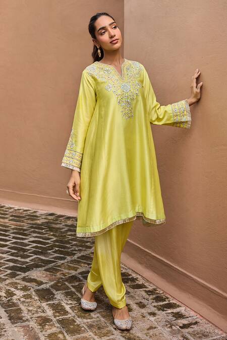 Dohr India Lime Chanderi Silk, Satin, Organza Embroidery, Gota Kainat A-line Kurta Set Online at Aza Fashions Dohr India_Lime Chanderi Silk, Satin, Organza Embroidery, Gota Kainat A-line Kurta Set _Online_at_Aza_Fashions