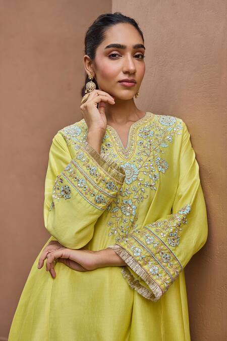 Buy Dohr India Lime Chanderi Silk, Satin, Organza Embroidery, Gota Kainat A-line Kurta Set Online at Aza Fashions Buy_Dohr India_Lime Chanderi Silk, Satin, Organza Embroidery, Gota Kainat A-line Kurta Set _Online_at_Aza_Fashions