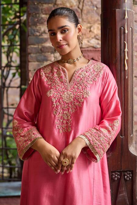 Buy Dohr India Pink Silk, Chanderi, Cotton, Satin, Organza Kainat A-line Kurta Salwar Set Online at Aza Fashions Buy_Dohr India_Pink Silk, Chanderi, Cotton, Satin, Organza Kainat A-line Kurta Salwar Set _Online_at_Aza_Fashions