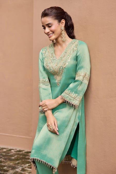 Buy_Dohr India_Emerald Green Tissue, Organza Zari, Sequins, Lace, Sultana High-low Kurta Set _Online_at_Aza_Fashions