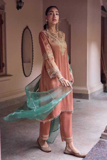Dohr India Rust Tissue, Organza, Silk Embroidery, Beads, Sultana And High-low Kurta Set Online at Aza Fashions Dohr India_Rust Tissue, Organza, Silk Embroidery, Beads, Sultana And High-low Kurta Set _Online_at_Aza_Fashions