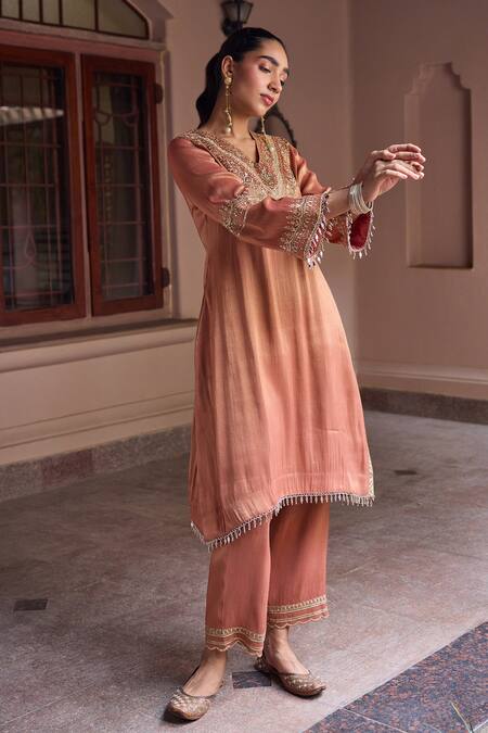Buy Dohr India Rust Tissue, Organza, Silk Embroidery, Beads, Sultana And High-low Kurta Set Online at Aza Fashions Buy_Dohr India_Rust Tissue, Organza, Silk Embroidery, Beads, Sultana And High-low Kurta Set _Online_at_Aza_Fashions