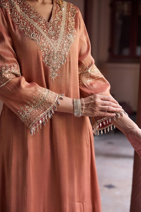 Shop Dohr India Rust Tissue, Organza, Silk Embroidery, Beads, Sultana And High-low Kurta Set Online at Aza Fashions Shop_Dohr India_Rust Tissue, Organza, Silk Embroidery, Beads, Sultana And High-low Kurta Set _Online_at_Aza_Fashions