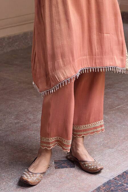 Dohr India Rust Tissue, Organza, Silk Embroidery, Beads, Sultana And High-low Kurta Set at Aza Fashions Dohr India_Rust Tissue, Organza, Silk Embroidery, Beads, Sultana And High-low Kurta Set _at_Aza_Fashions