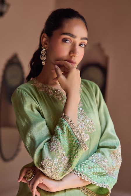 Dohr India Green Tissue Zari, Sequins, Embroidery, Lace Split Divani Floral And Kurta Set Online at Aza Fashions Dohr India_Green Tissue Zari, Sequins, Embroidery, Lace Split Divani Floral And Kurta Set _Online_at_Aza_Fashions