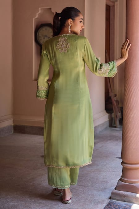 Shop Dohr India Green Tissue Zari, Sequins, Embroidery, Lace Split Divani Floral And Kurta Set at Aza Fashions Shop_Dohr India_Green Tissue Zari, Sequins, Embroidery, Lace Split Divani Floral And Kurta Set _at_Aza_Fashions
