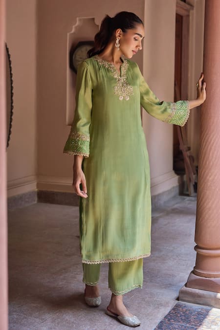Buy Dohr India Green Tissue Zari, Sequins, Embroidery, Lace Split Divani Floral And Kurta Set Online at Aza Fashions Buy_Dohr India_Green Tissue Zari, Sequins, Embroidery, Lace Split Divani Floral And Kurta Set _Online_at_Aza_Fashions