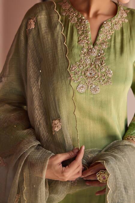 Shop Dohr India Green Tissue Zari, Sequins, Embroidery, Lace Split Divani Floral And Kurta Set Online at Aza Fashions Shop_Dohr India_Green Tissue Zari, Sequins, Embroidery, Lace Split Divani Floral And Kurta Set _Online_at_Aza_Fashions