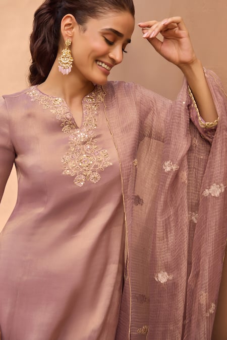 Buy Dohr India Purple Tissue Embroidery, Zari, Sequins Split V-neck Divani And Kurta Set Online at Aza Fashions Buy_Dohr India_Purple Tissue Embroidery, Zari, Sequins Split V-neck Divani And Kurta Set _Online_at_Aza_Fashions