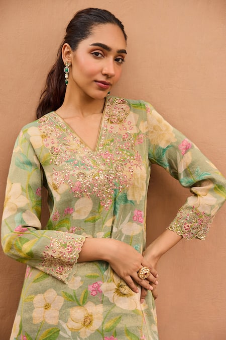Dohr India_Green Tissue, Organza Zari, Sequins, Gulbaagh Floral Printed Kurta Salwar Set _Online_at_Aza_Fashions
